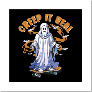 Creep It Real Skateboarding Ghost Retro Halloween Costume Posters and Art